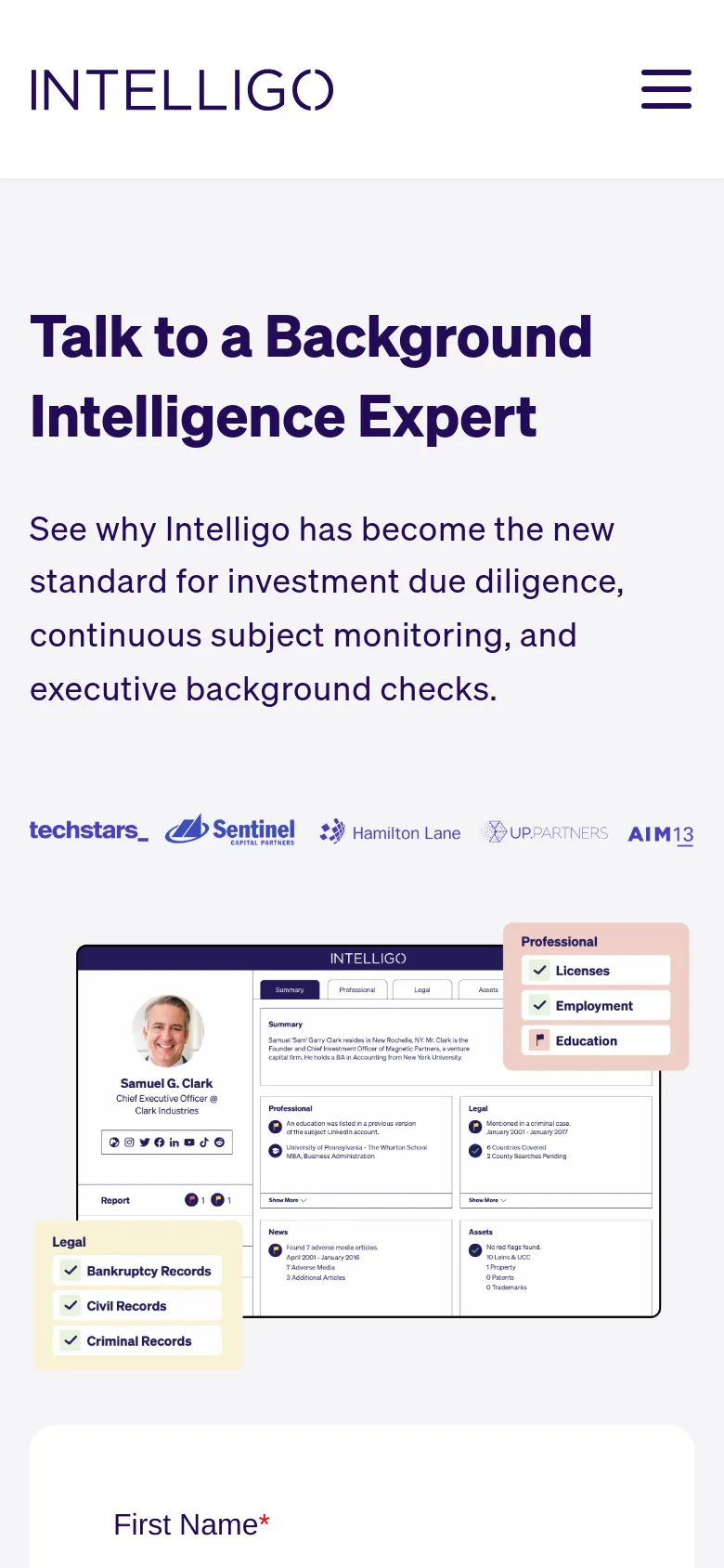 The mobile version simplifies the layout into a single vertical column, starting with a hamburger menu icon and the Intelligo logo. The headline and subheadline are centered above a row of client logos, followed by the software dashboard image. The contact form is stacked vertically below the imagery, maintaining the same input fields and navy blue 'Request a Demo' button.