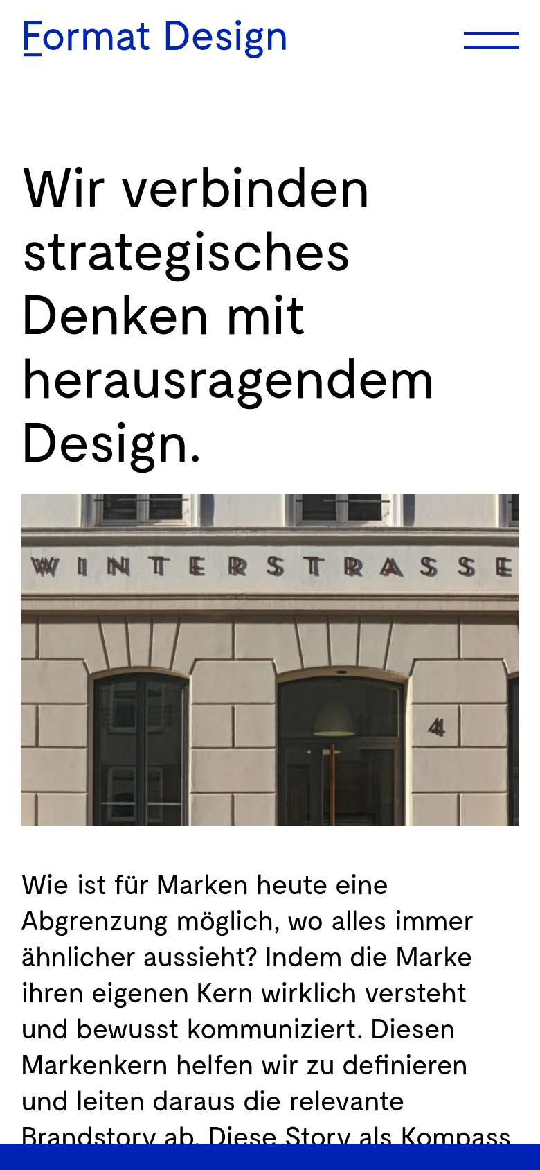 The mobile version presents a single-column vertical layout optimized for small screens. The large headline and architectural images are stacked vertically above the body text, and the service lists transition from a multi-column grid to a simplified vertical list for easier scrolling.