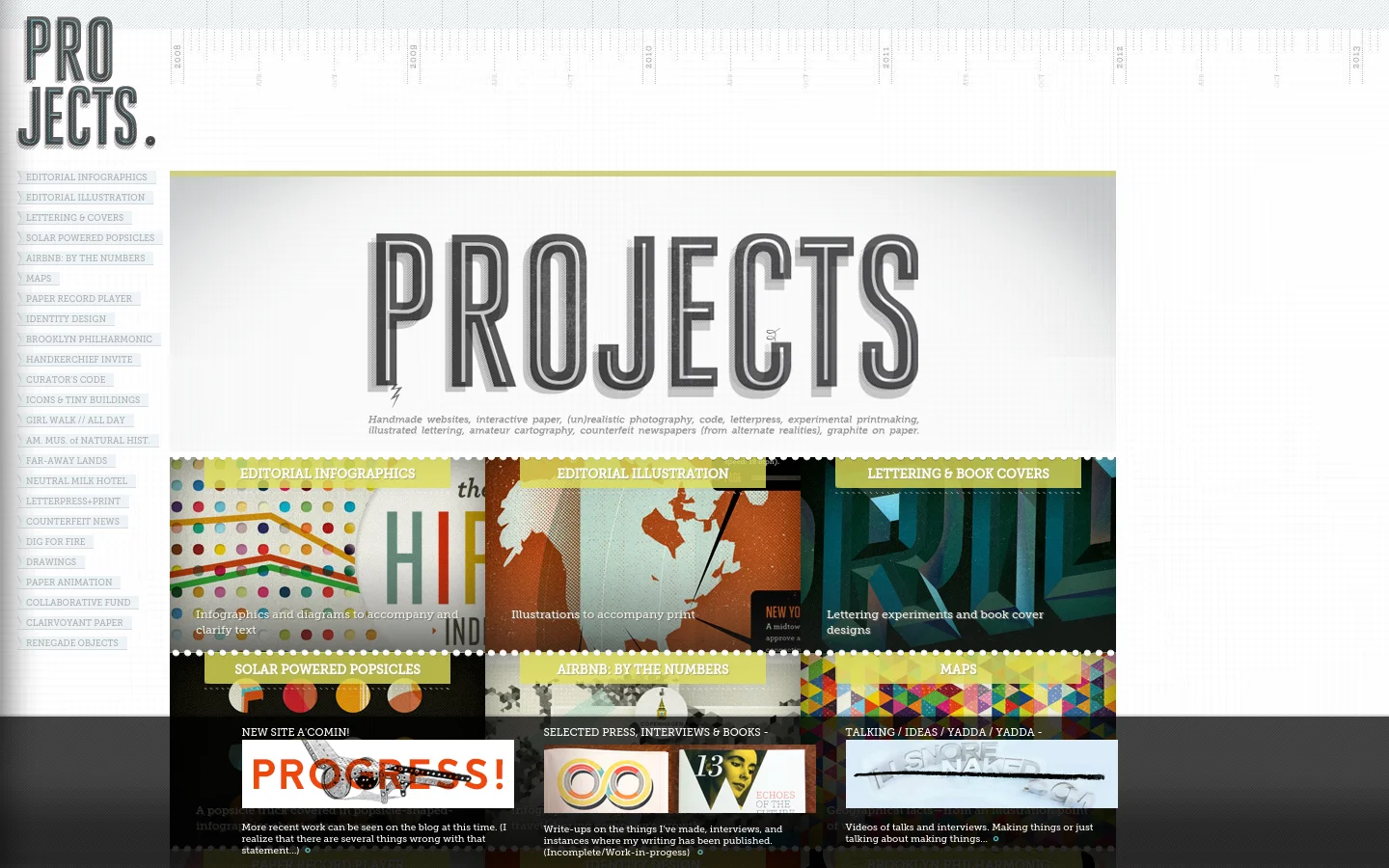 A portfolio website titled 'PROJECTS' featuring a grid of large, colorful rectangular tiles. Each tile contains a title, a brief description, and a background image representing different design projects like 'Editorial Infographics' and 'Maps'. A sidebar on the left lists all project names in a simple text format against a light gray background.