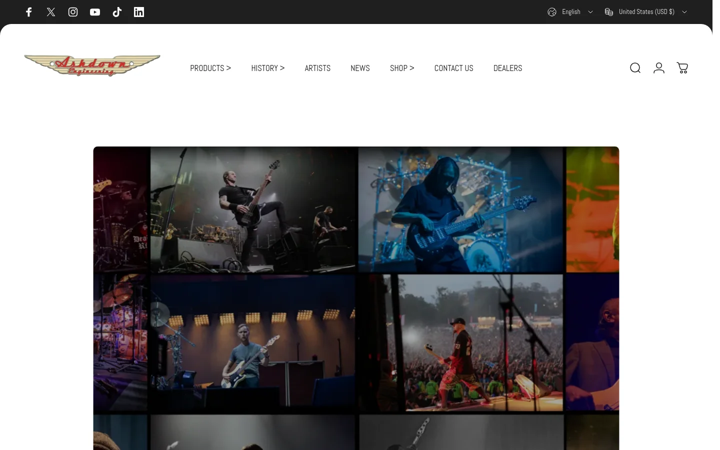 The desktop page features a dark theme with a hero collage of musicians performing on stage. Below the headline 'THE POWER OF BASS,' a grid of large, high-quality artist photos displays musicians like Shavo Odadjian and Nate Mendel, each accompanied by their band name and a clickable name link.