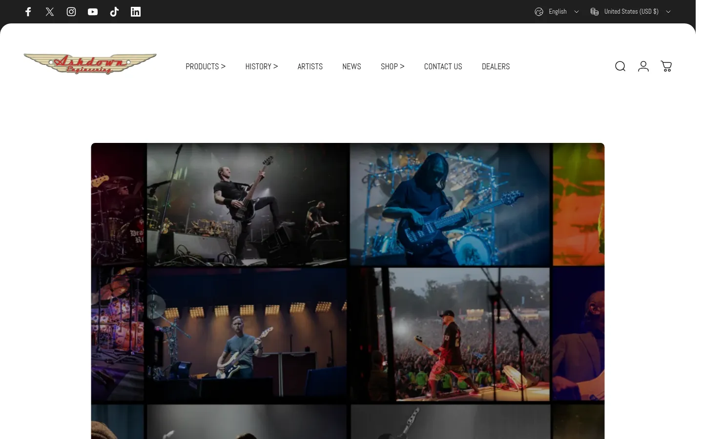 The desktop page features a dark theme with a hero collage of musicians performing on stage. Below the headline 'THE POWER OF BASS,' a grid of large, high-quality artist photos displays musicians like Shavo Odadjian and Nate Mendel, each accompanied by their band name and a clickable name link.