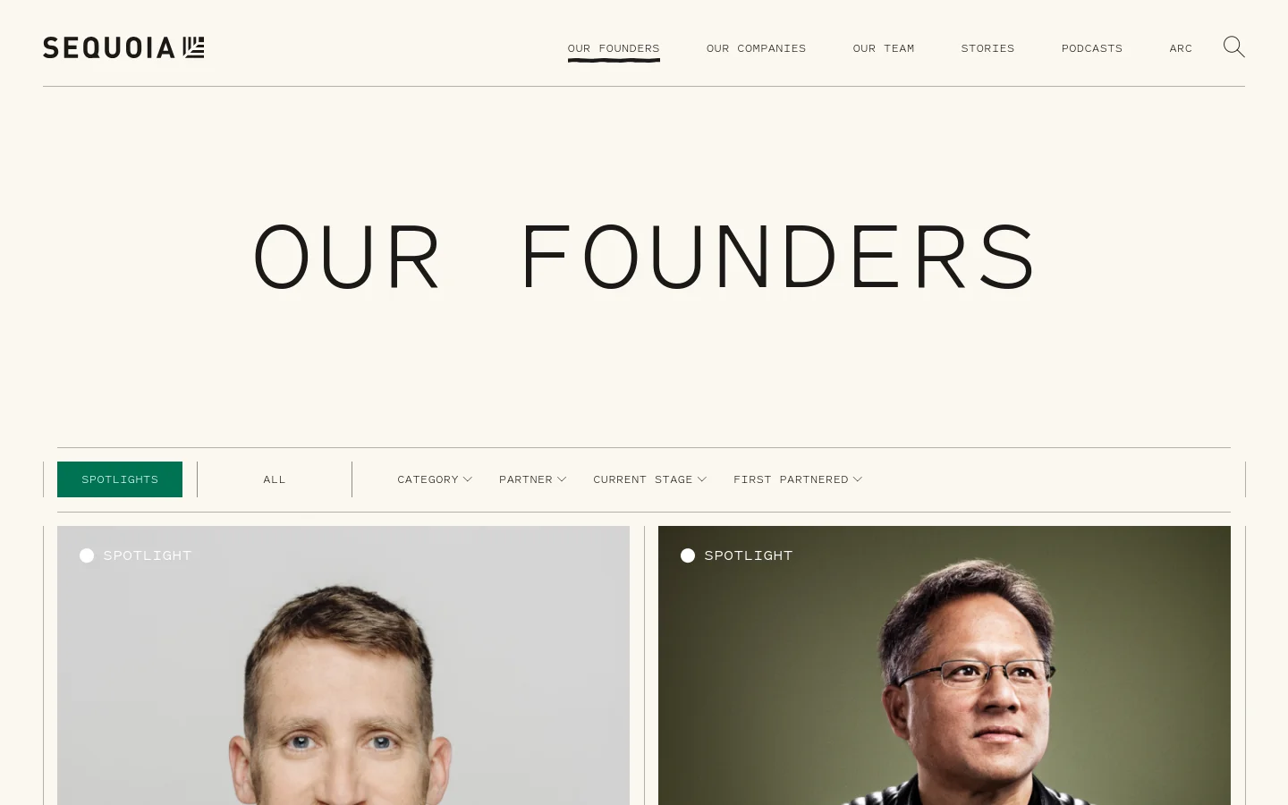 The desktop page features a large, minimalist headline reading 'OUR FOUNDERS' against a light cream background. Below the header, a navigation bar allows users to filter founders by Spotlights, All, Category, Partner, Current Stage, and First Partnered. A grid of large portrait cards follows, each displaying a founder's photo, name, company, and a 'Read' call to action.