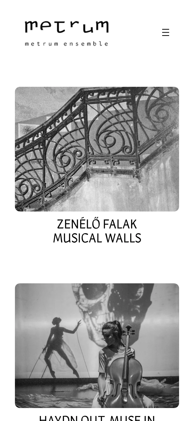 The mobile version displays a simplified header with the Metrum Ensemble logo and a hamburger menu icon. The project tiles are stacked vertically in a single column, featuring large grayscale images followed by their respective project titles in black text.