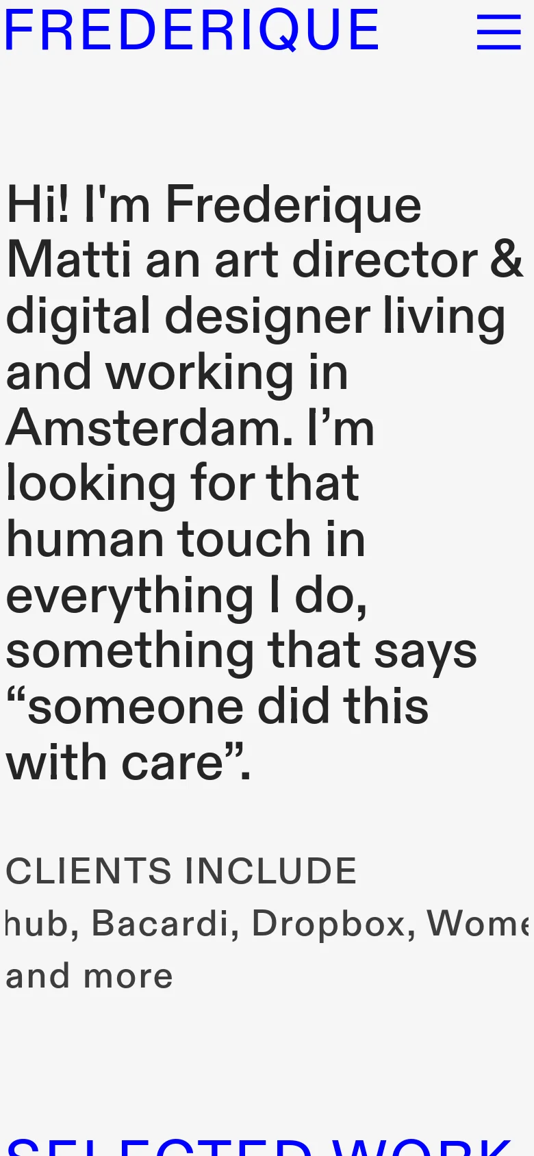 The mobile version maintains the minimalist white and blue color scheme but uses a single-column layout for readability. The header is condensed, showing 'FREDERIQUE' and a hamburger menu icon. The large introductory text and client list are stacked vertically to fit the narrower screen.