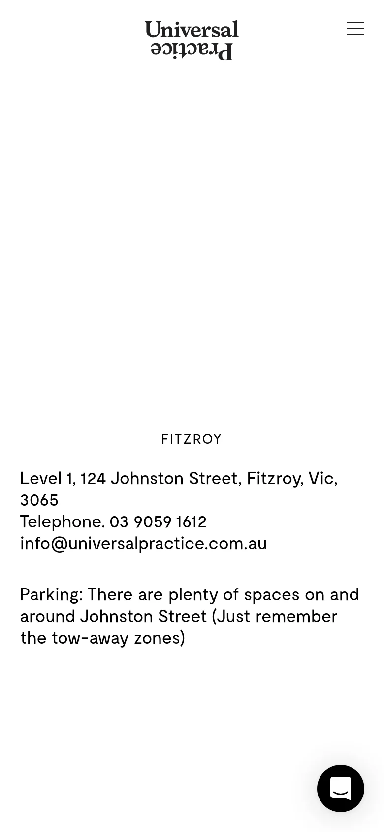 The mobile version simplifies the layout into a single vertical column, focusing on the Fitzroy location details. The top navigation is replaced by a hamburger menu icon, and the vertical side logos are removed to prioritize readability. A floating black circular button with an envelope icon appears in the bottom right corner for quick contact.