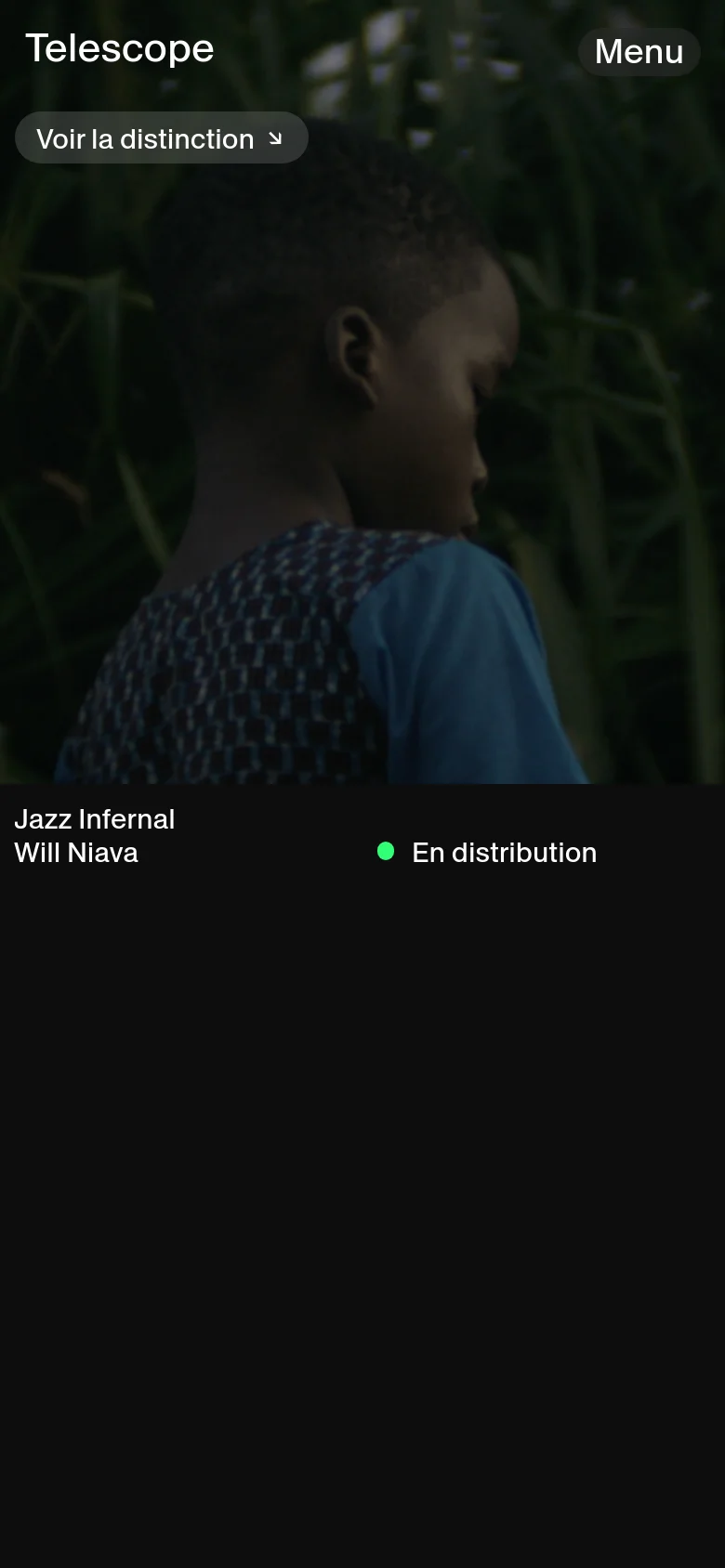The mobile version maintains the dark, cinematic aesthetic but uses a single-column vertical layout. The header contains the 'Telescope' logo and a 'Menu' button, while the hero section features a large, full-width film still with the film title, director, and distribution status positioned below the image.