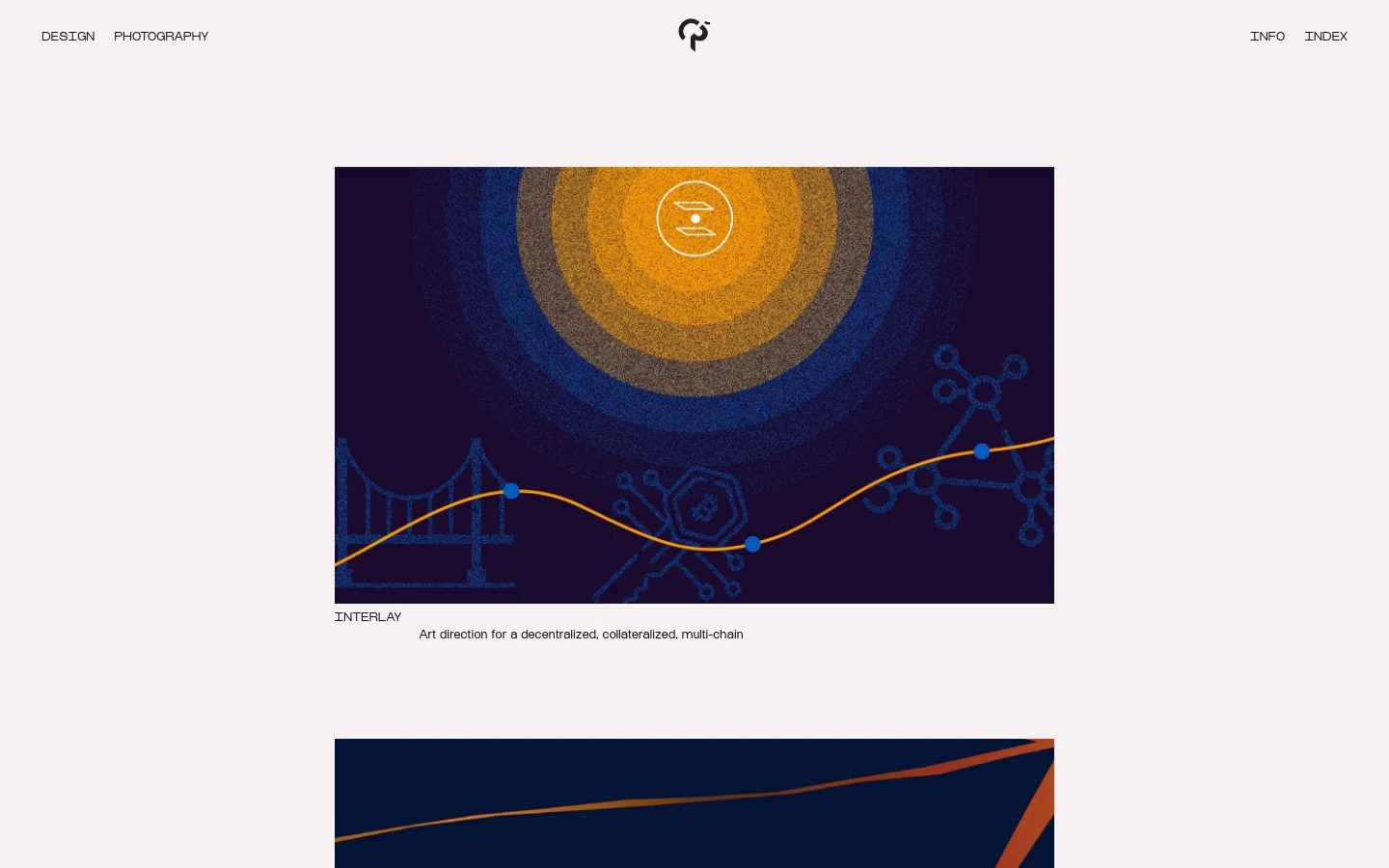 The desktop design portfolio page features a minimalist white layout with a central logo and navigation links for Design, Photography, Info, and Index. A large hero image displays a grainy, textured graphic with concentric orange and blue circles above a flowing orange line on a dark navy background. Below the image, the project title 'INTERLAY' and a brief description are displayed in clean, sans-serif typography.
