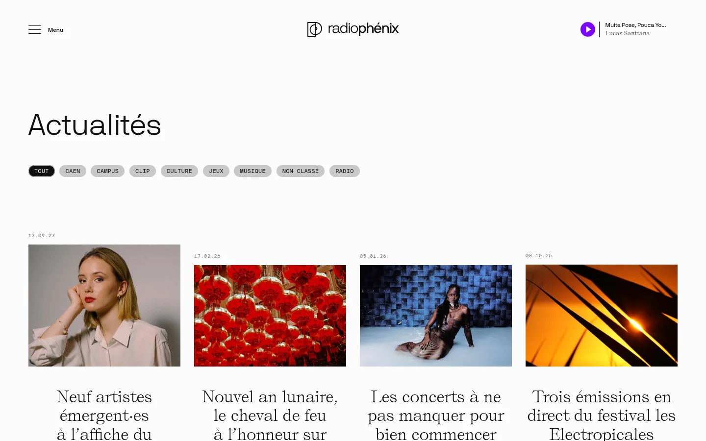 The news page features a clean white background with a minimalist header containing a menu icon, the Radio Phénix logo, and a music player. A large 'Actualités' headline is followed by a horizontal row of pill-shaped category filters like 'TOUT', 'CAEN', and 'CULTURE'. Below, news articles are displayed in a grid layout with large rectangular images above their respective headlines and short excerpts.