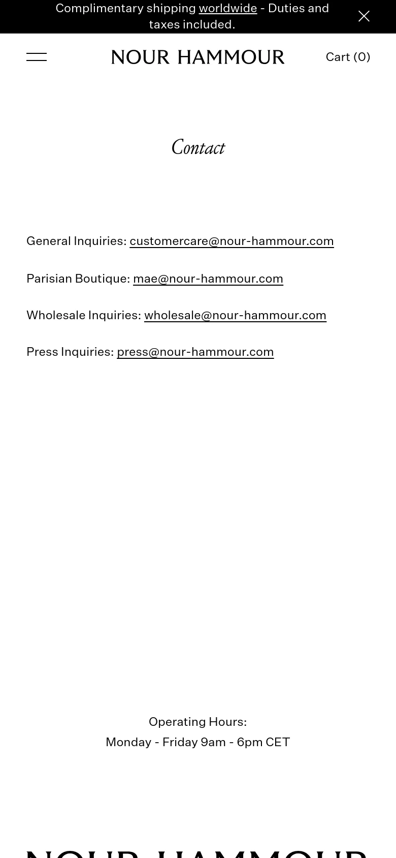 The mobile version maintains the minimalist white and black aesthetic but uses a simplified layout. The top navigation is condensed into a hamburger menu icon on the left, with the brand name centered and the cart on the right. The central contact information and operating hours are stacked vertically for easier scrolling on a narrow screen.