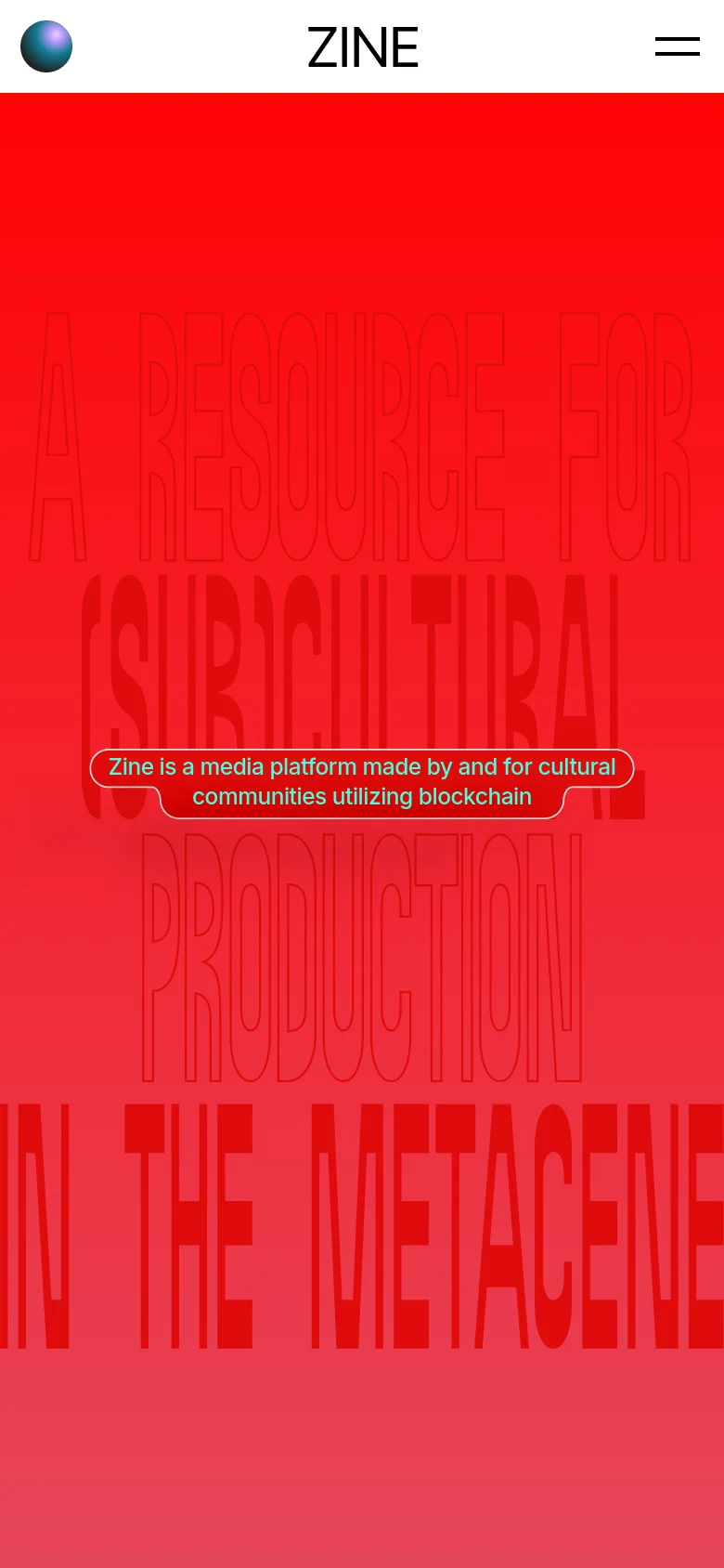 The mobile version simplifies the layout, removing the left sidebar and moving the Zine logo and menu icon to a top header. The hero section remains a bold red background with the same large, outlined text and central pill-shaped mission statement, scaled to fit the vertical screen.