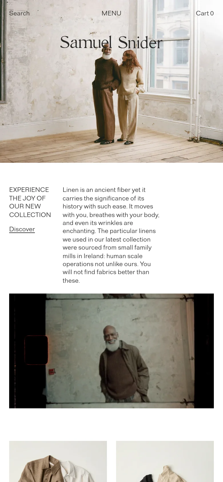 The mobile version maintains the minimalist aesthetic but uses a single-column vertical layout. The hero image is followed by the collection text, and the four product category images are stacked vertically instead of in a grid. Navigation is condensed into a 'MENU' button at the top center, with 'Search' and 'Cart' positioned on either side.