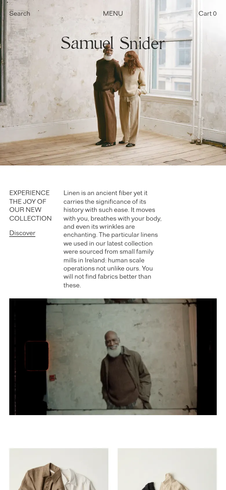 The mobile version maintains the minimalist aesthetic but uses a single-column vertical layout. The hero image is followed by the collection text, and the four product category images are stacked vertically instead of in a grid. Navigation is condensed into a 'MENU' button at the top center, with 'Search' and 'Cart' positioned on either side.