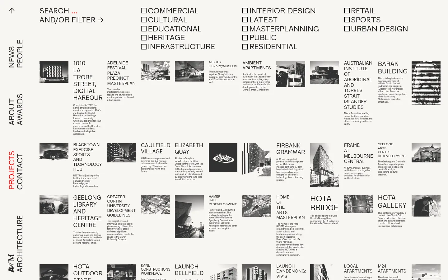 The desktop Projects page features a minimalist white background with a grid layout of architectural projects. Each entry consists of a grayscale project photograph paired with a bold, black sans-serif title and a brief text description. Navigation links and category filters like 'Commercial' and 'Residential' are arranged in a clean, airy typographic style.
