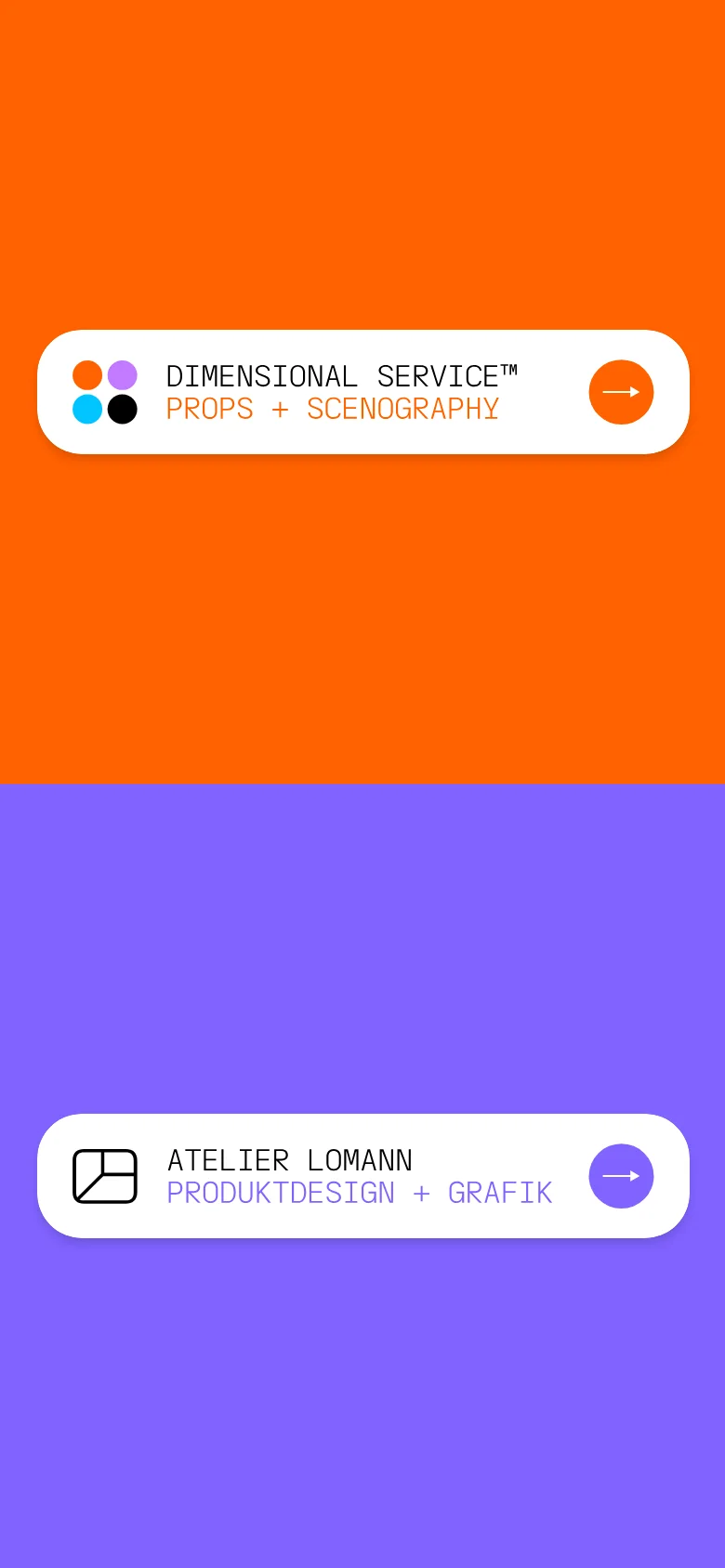 The mobile version features a vertically stacked layout with two large, full-width colored sections. The top section is bright orange with a white button for 'DIMENSIONAL SERVICE™', and the bottom section is lavender purple with a white button for 'ATELIER LOMANN'.