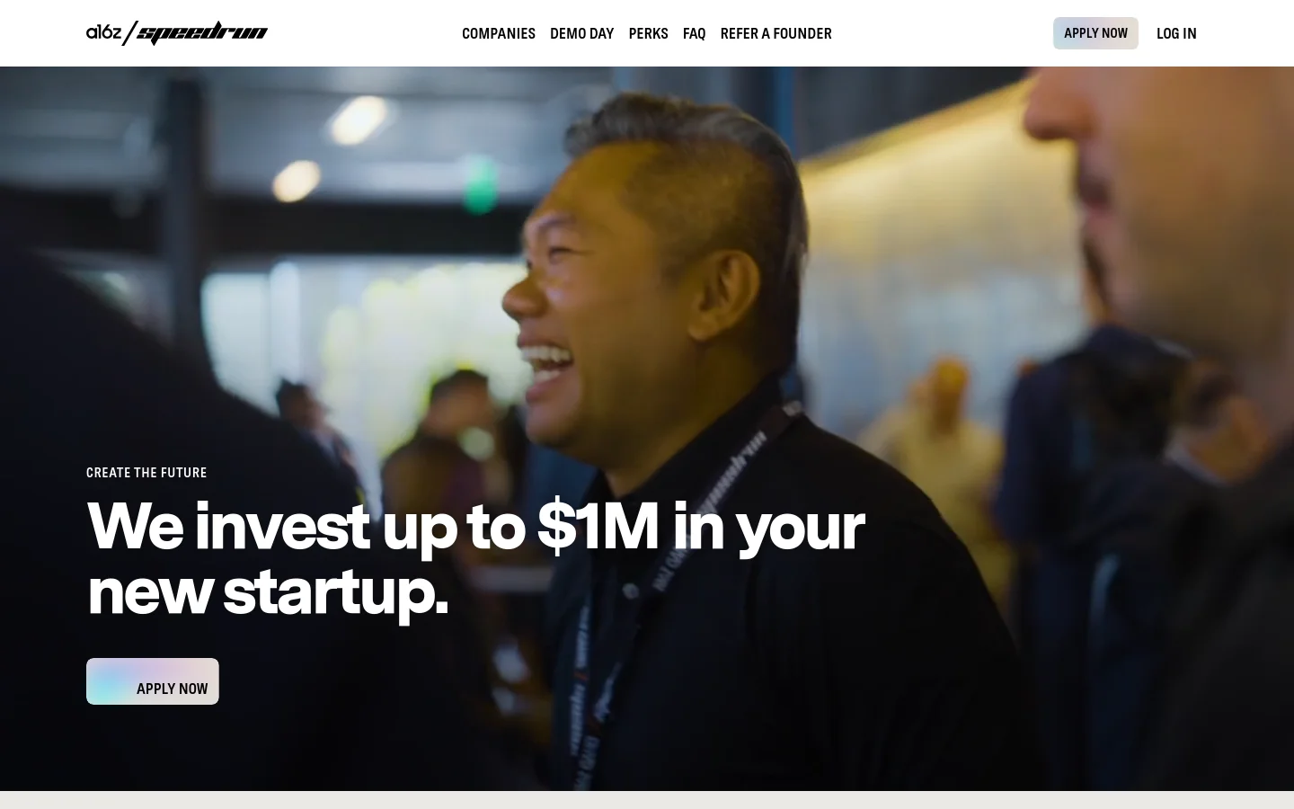 The desktop homepage features a dark, cinematic hero section with a large, blurred background image of people and the headline 'We invest up to $1M in your new startup.' A prominent 'APPLY NOW' button sits below the text. The navigation bar at the top includes links for Companies, Demo Day, Perks, FAQ, and Refer a Founder, alongside 'Apply Now' and 'Log In' buttons.