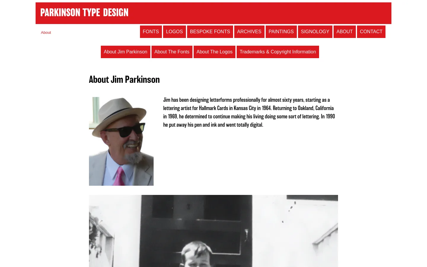 The desktop page features a red header with 'PARKINSON TYPE DESIGN' in white text, followed by a navigation menu of red buttons. The main content area displays the headline 'About Jim Parkinson' above a portrait of Jim Parkinson wearing a hat and sunglasses, next to a biographical paragraph. Below this, a large black and white historical photograph shows a young boy sitting outdoors.