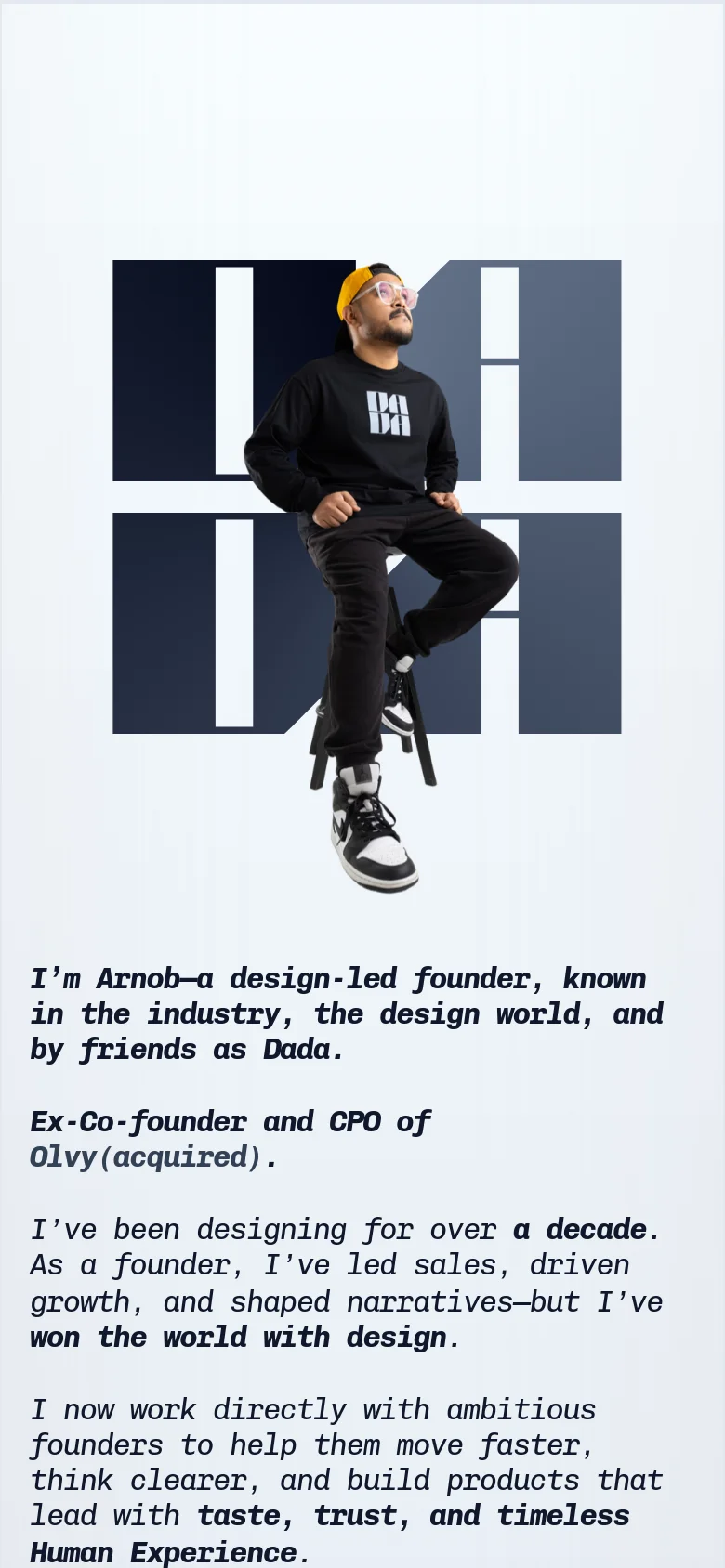 Mobile version of the homepage with a single-column vertical layout. The central portrait of Arnob Mukherjee is positioned above the text, which is stacked vertically in a clean, readable format against a white background.