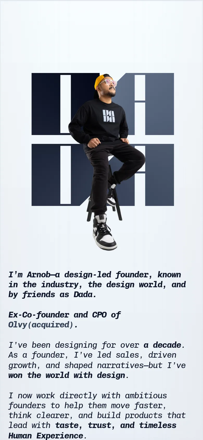 Mobile version of the homepage with a single-column vertical layout. The central portrait of Arnob Mukherjee is positioned above the text, which is stacked vertically in a clean, readable format against a white background.