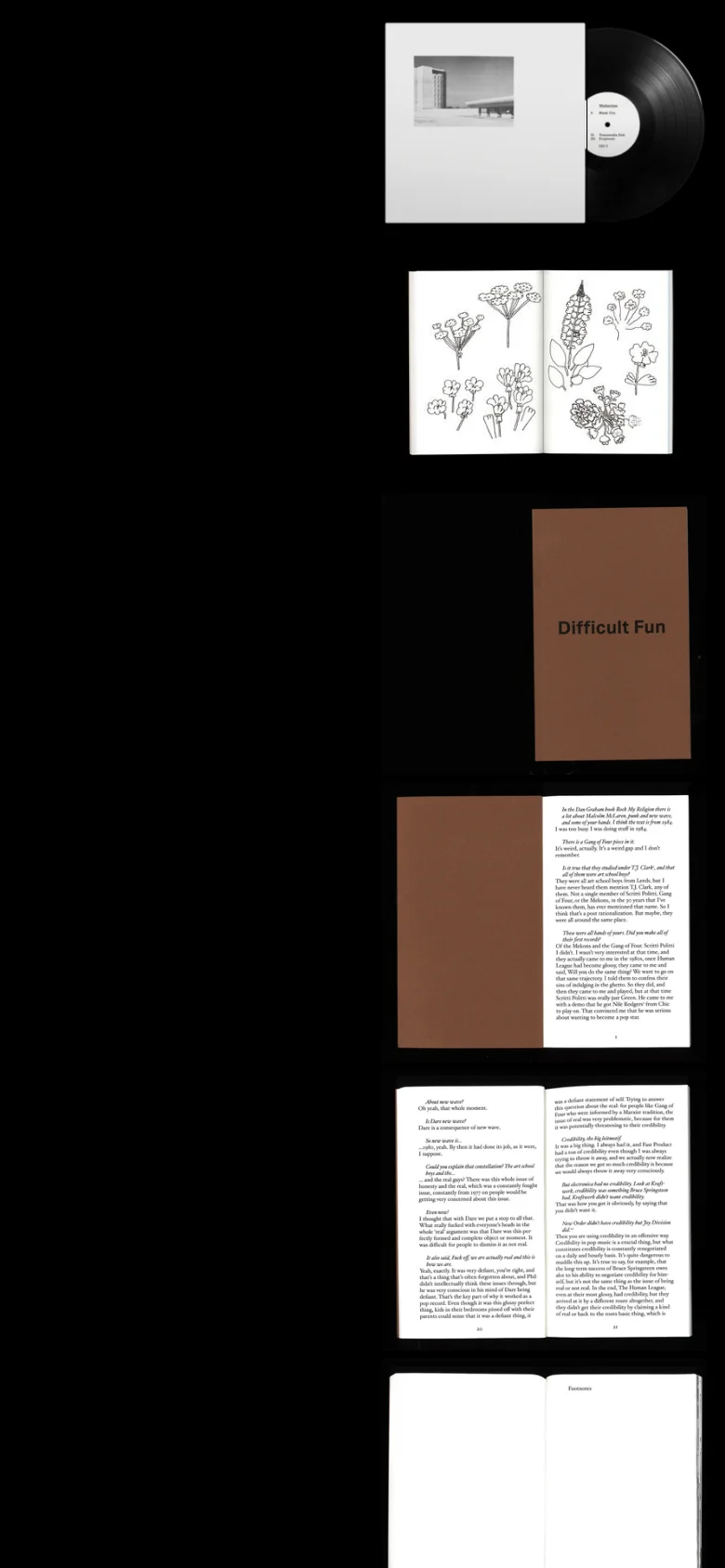 The mobile version maintains the minimalist black and white aesthetic but transitions to a vertical, single-column layout. The large imagery, such as the record and botanical line drawings, is scaled down to fit the narrow viewport, and the text blocks are stacked vertically for easier scrolling on a handheld device.