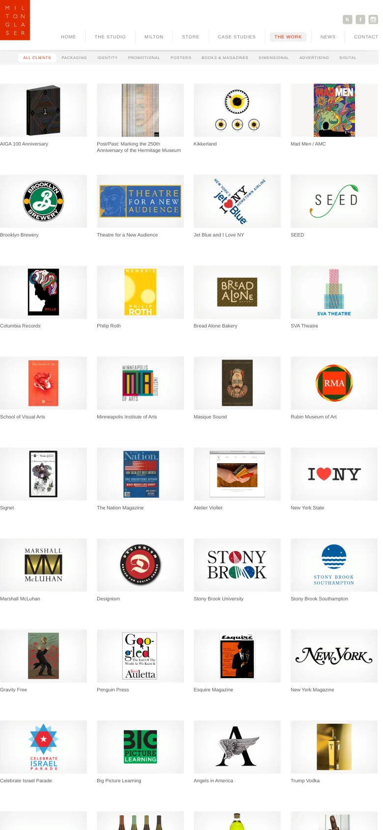 The mobile version presents a simplified vertical layout with the red logo and social icons at the top. The navigation links and design categories are stacked or condensed to fit the narrow screen. The project grid remains but the thumbnails and text captions are scaled down to fit a single column or smaller multi-column view.