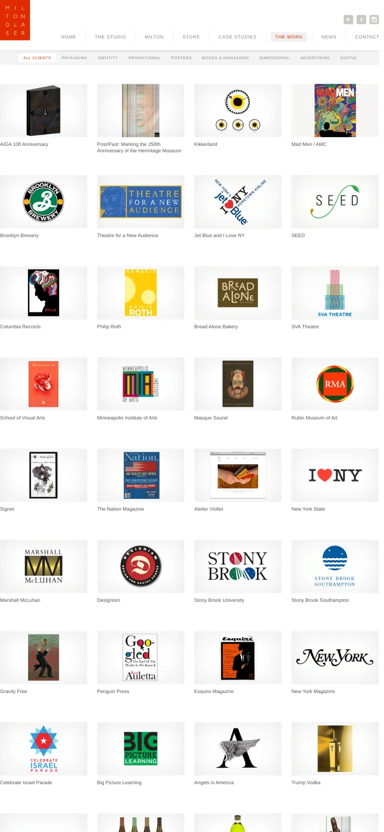 The mobile version presents a simplified vertical layout with the red logo and social icons at the top. The navigation links and design categories are stacked or condensed to fit the narrow screen. The project grid remains but the thumbnails and text captions are scaled down to fit a single column or smaller multi-column view.