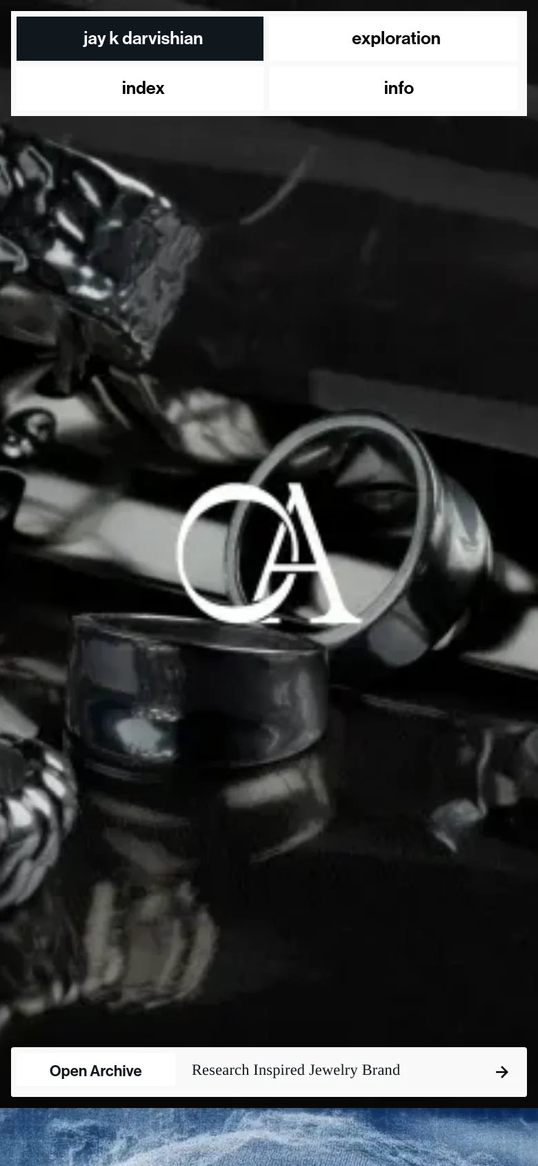 The mobile version maintains the dark, minimalist aesthetic but rearranges the navigation into a large, four-quadrant grid at the top. The hero imagery of silver rings remains prominent, with the 'Open Archive' call to action spanning the full width of the bottom of the visible screen.