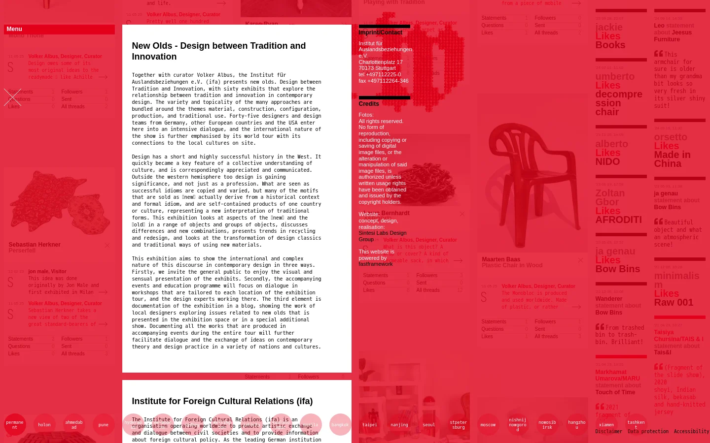 The About page features a minimalist design with a white background and red accents. A large text block titled 'New Olds - Design between Tradition and Innovation' explains the exhibition's concept, positioned next to a red sidebar containing menu links and contact information. The layout includes a grid of design exhibits with large images, titles, and designer names.