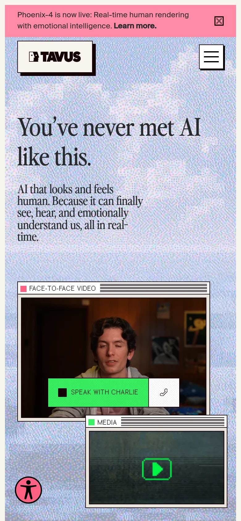 The mobile version uses a single-column layout with the headline and subtext stacked vertically above the video elements. The navigation is condensed into a hamburger menu icon in the top right, and the video windows are stacked vertically rather than overlapping, maintaining the light blue textured aesthetic.
