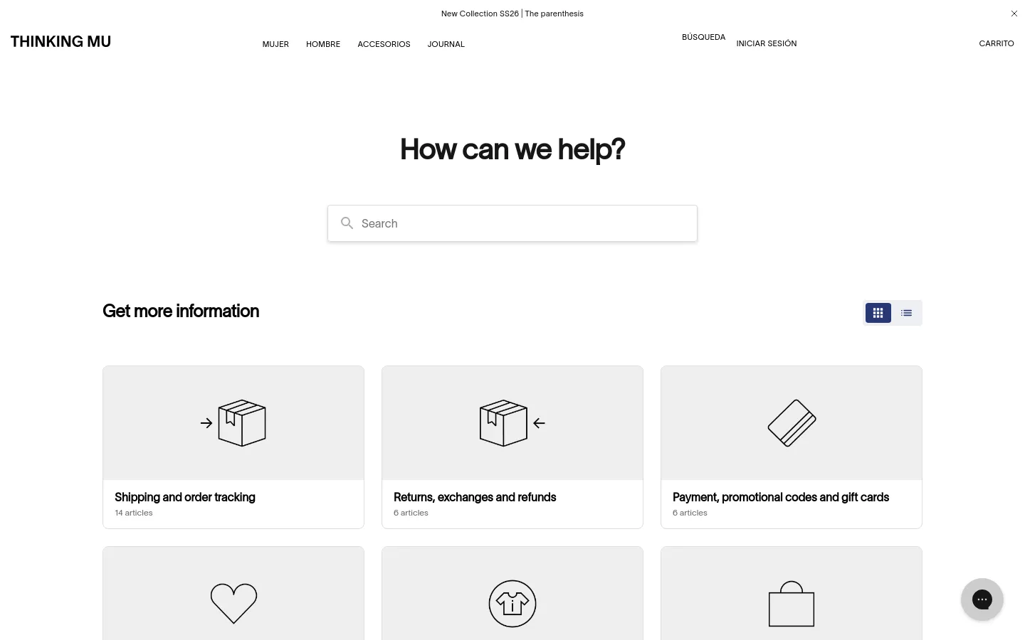The desktop Help Center page features a minimalist white background with the headline 'How can we help?' and a large central search bar. Below, a 'Get more information' section displays a grid of light gray cards, each containing a simple black line icon and a category title like 'Shipping and order tracking' or 'Returns, exchanges and refunds'. The top navigation includes the Thinking MU logo and links for Mujer, Hombre, Accesorios, and Journal.