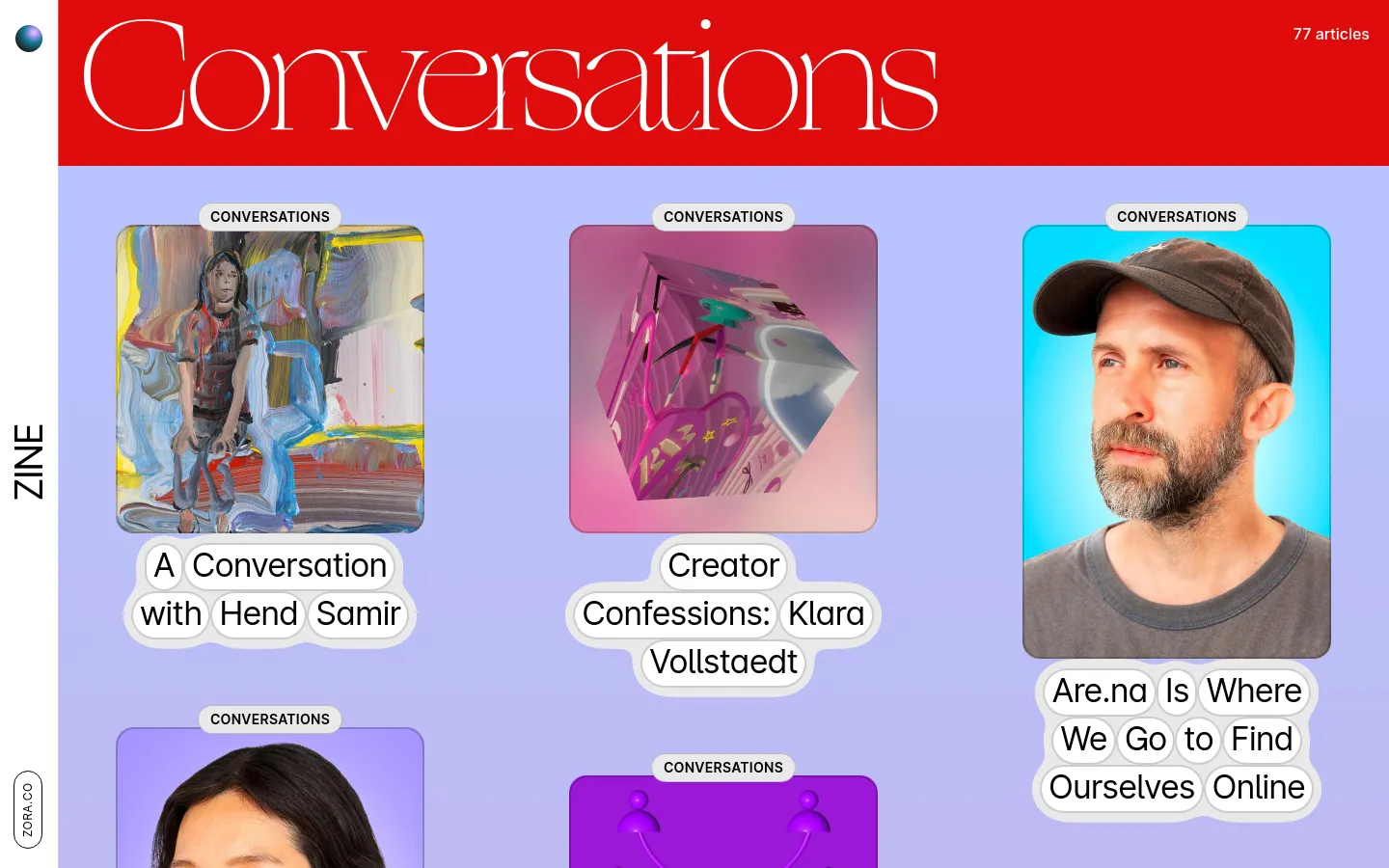 The Conversations category page features a large red header with the title 'Conversations' in white serif font and a count of 77 articles. Below, a grid of large, colorful article cards on a lavender background displays abstract imagery and bold text overlays. Each card includes a category tag, a primary image, and a title composed of individual white text bubbles.