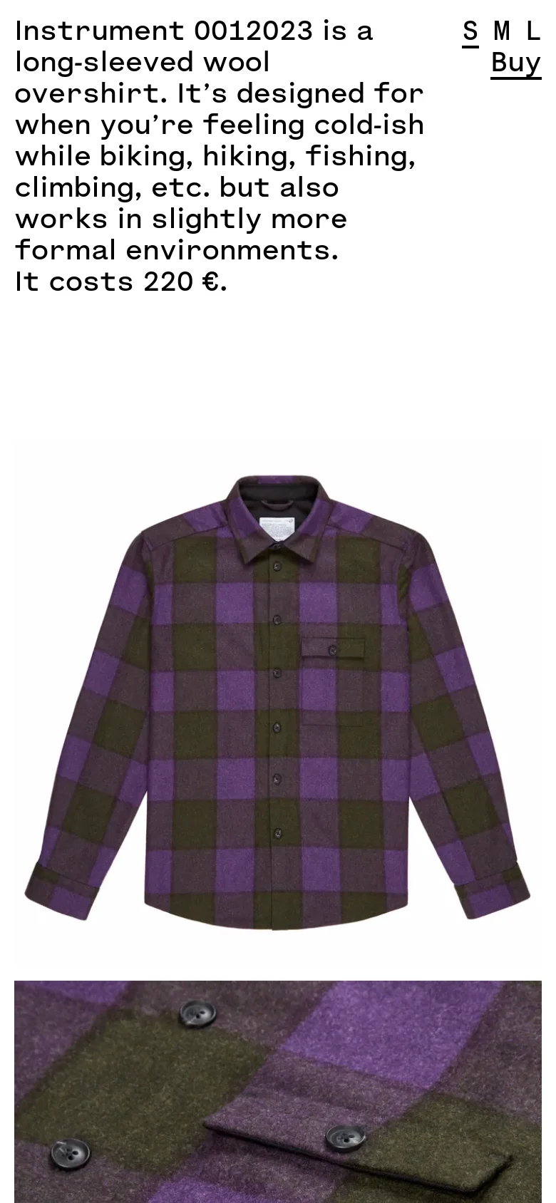 The mobile version presents a single-column vertical layout where the product description and size/buy links appear at the top. Below the text, large product images of the plaid overshirt are stacked vertically, providing a focused view of the garment and its fabric texture.