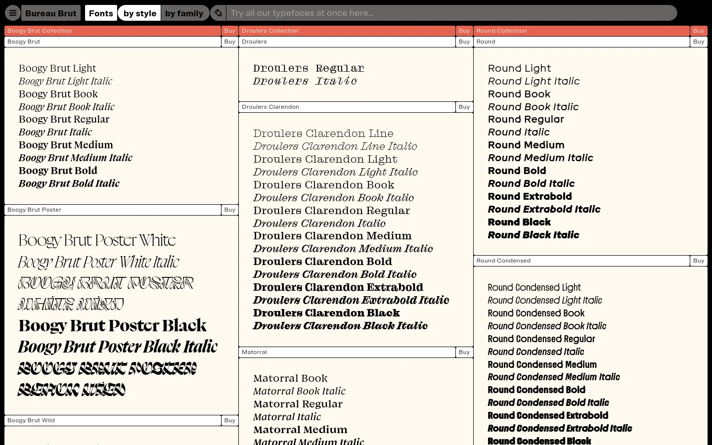 The desktop version of the Bureau Brut fonts page features a minimalist, high-contrast design with black text on a white background. A navigation bar at the top allows users to filter fonts by style or family, while the main content area displays a multi-column grid of font families, each showing various weights and styles as text previews alongside 'Buy' buttons.