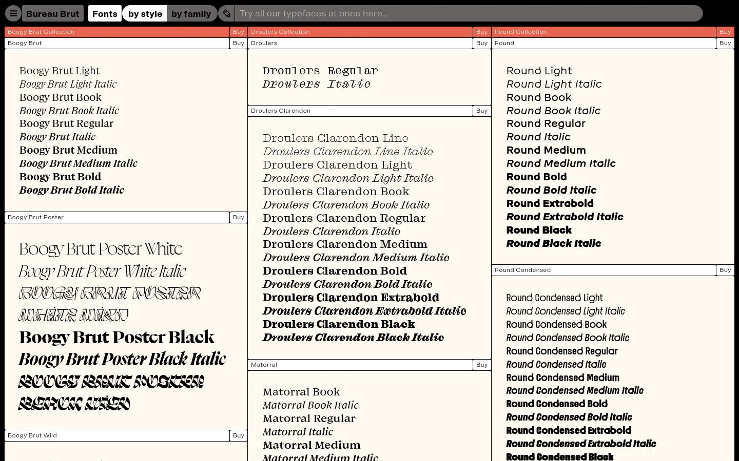 The desktop version of the Bureau Brut fonts page features a minimalist, high-contrast design with black text on a white background. A navigation bar at the top allows users to filter fonts by style or family, while the main content area displays a multi-column grid of font families, each showing various weights and styles as text previews alongside 'Buy' buttons.