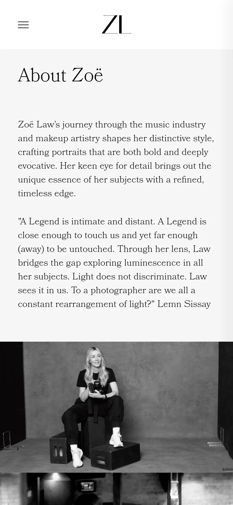 The mobile version simplifies the layout, replacing the top navigation bar with a hamburger menu icon and a centered logo. The text content is stacked vertically in a single column for readability, followed by large black and white portrait images that span the width of the screen.