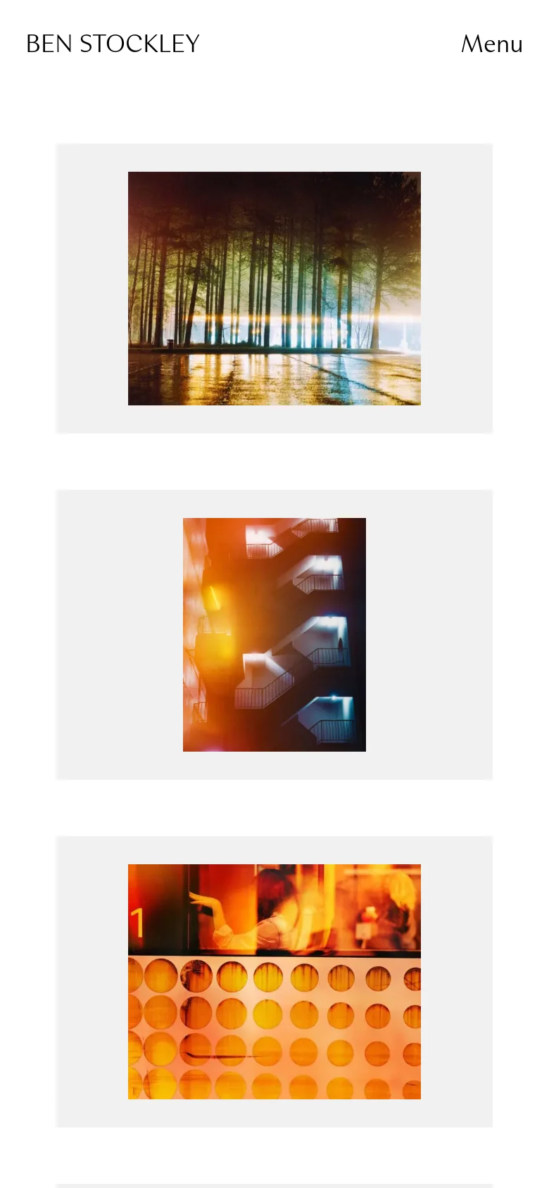The mobile version simplifies the layout into a single-column vertical scroll of large art thumbnails. The header is condensed with the artist's name on the left and a 'Menu' button on the right, prioritizing the visual content of the artworks.