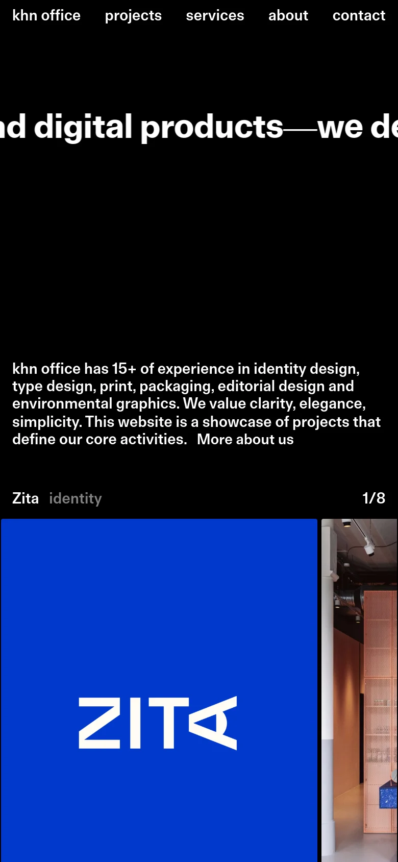 The mobile version maintains the dark, minimalist aesthetic but uses a vertical layout. The large headline and introductory text are stacked, and the project showcase appears as a single-column or smaller-scale slider, focusing on one large image at a time to fit the narrow screen.