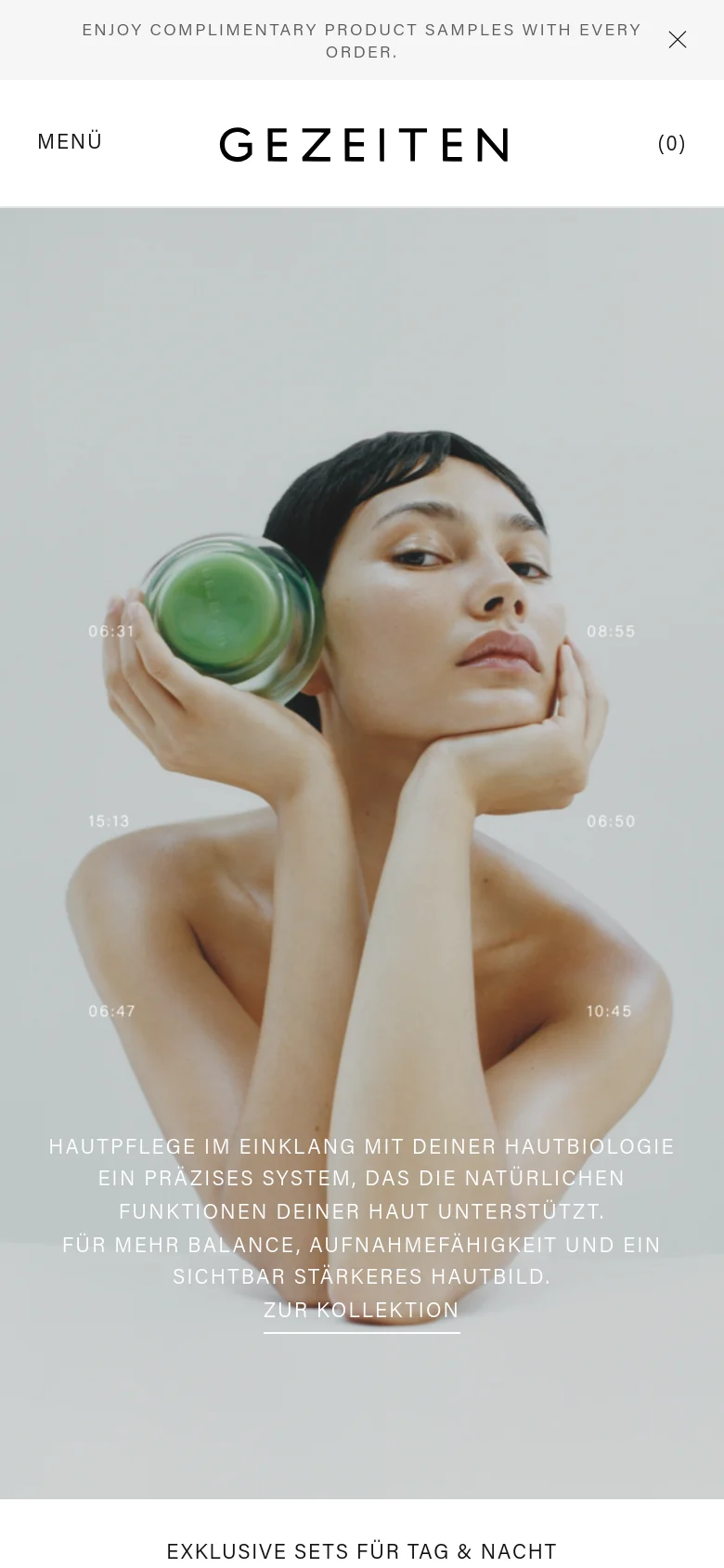 The mobile version presents a vertically oriented hero image of the same person, with the text and time stamps repositioned to fit the narrow screen. The navigation is simplified into a 'MENÜ' option on the left, with the brand logo centered and the cart icon on the right. The layout shifts to a single-column view, making the headline and 'ZUR KOLLEKTION' call to action more prominent in the center of the frame.
