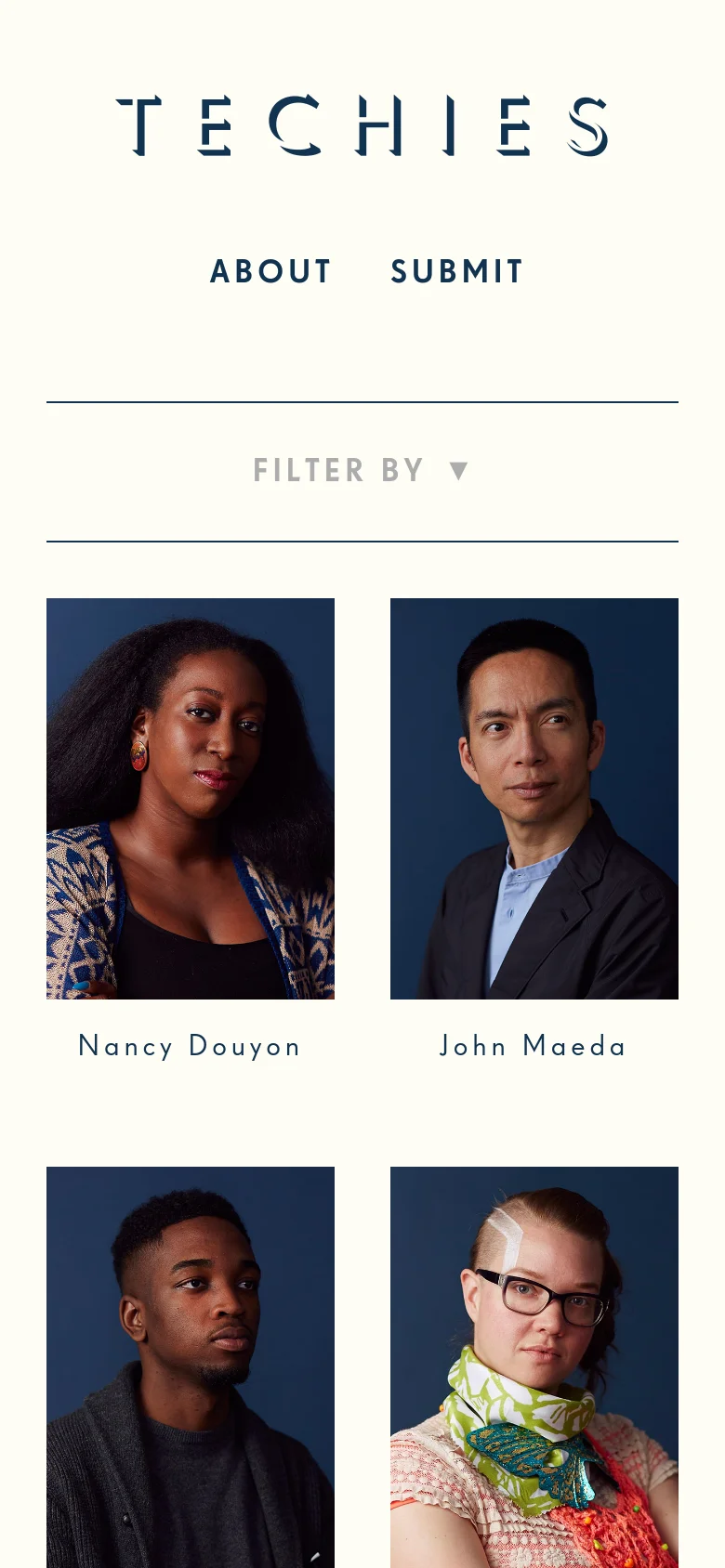 The mobile version maintains the minimalist white aesthetic but stacks the content vertically. The navigation links are centered below the logo, and the portrait grid transitions from a multi-column layout to a single-column list of large images with names and titles underneath.