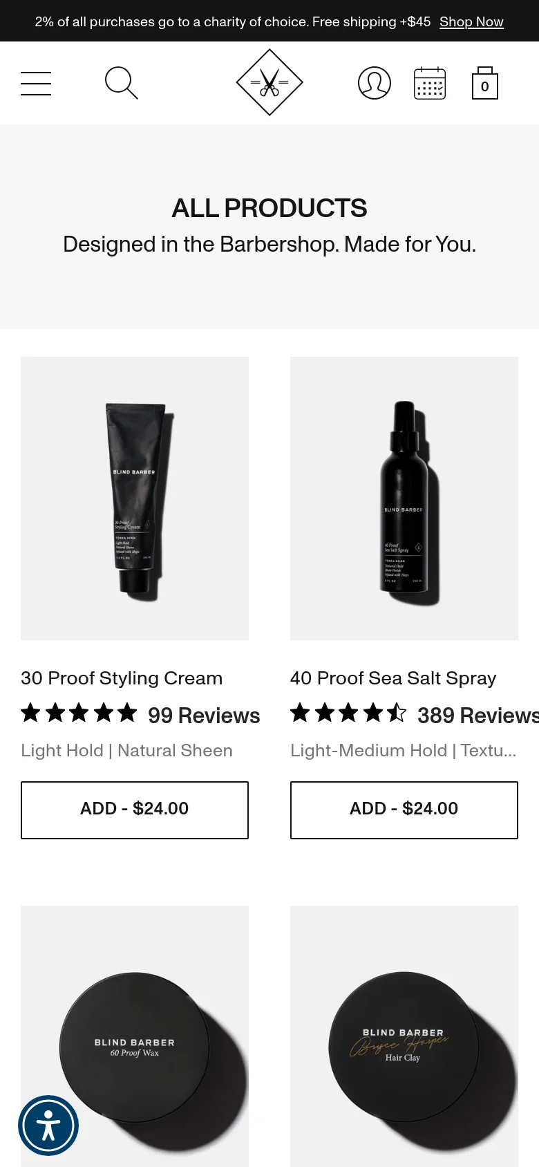 The mobile version features a centered layout with the 'ALL PRODUCTS' headline and subtext positioned below the top navigation bar. The product grid is condensed into a single column, showing large product images followed by titles, star ratings, descriptions, and prominent 'ADD' buttons for each item.