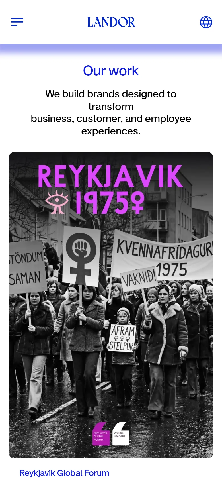 Landor work portfolio page in a mobile layout with a single-column stacked grid. The hero text is centered above large, full-width imagery for case studies like Reykjavik Global Forum, utilizing a clean, vertical scrolling design.