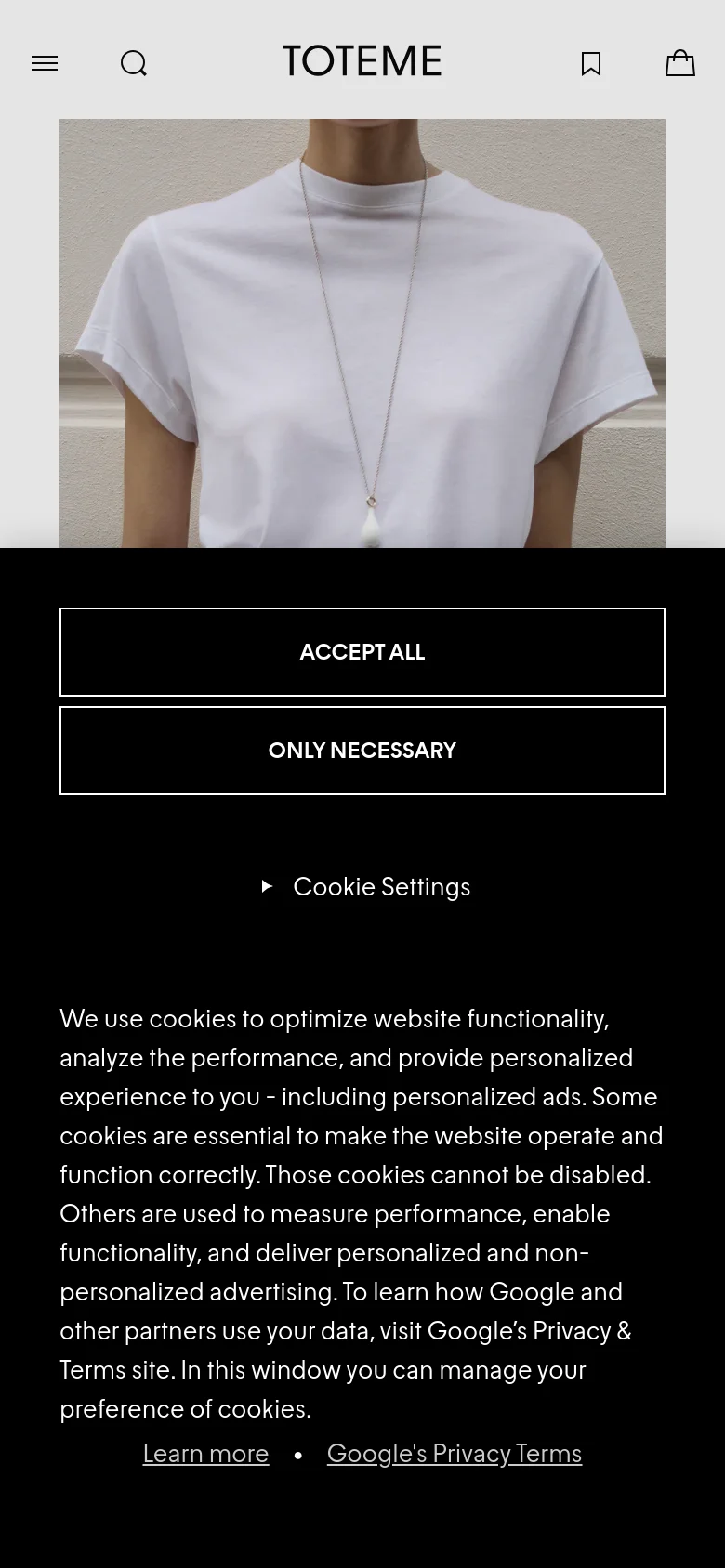 The mobile version presents a vertically stacked layout with the hero image and product shots occupying the full width of the screen. The cookie consent banner is prominent at the bottom, featuring large 'ACCEPT ALL' and 'ONLY NECESSARY' buttons in white text on a black background. The header is simplified with a hamburger menu, search icon, brand logo, bookmark icon, and shopping bag icon.