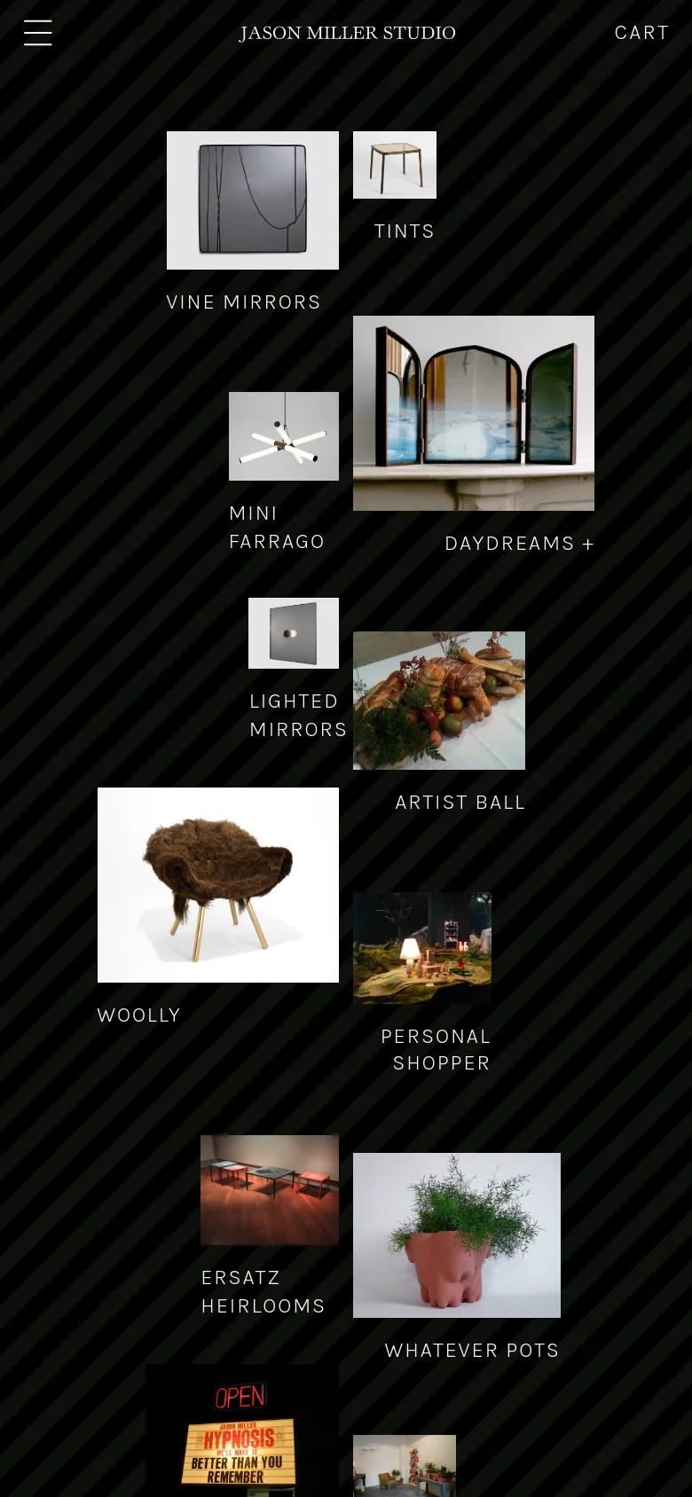 The mobile version displays the archive projects in a single-column vertical scroll, maintaining the dark striped background. The layout is simplified with a hamburger menu on the left and a 'Cart' link on the right, while the project images and titles are stacked vertically for easier scrolling.