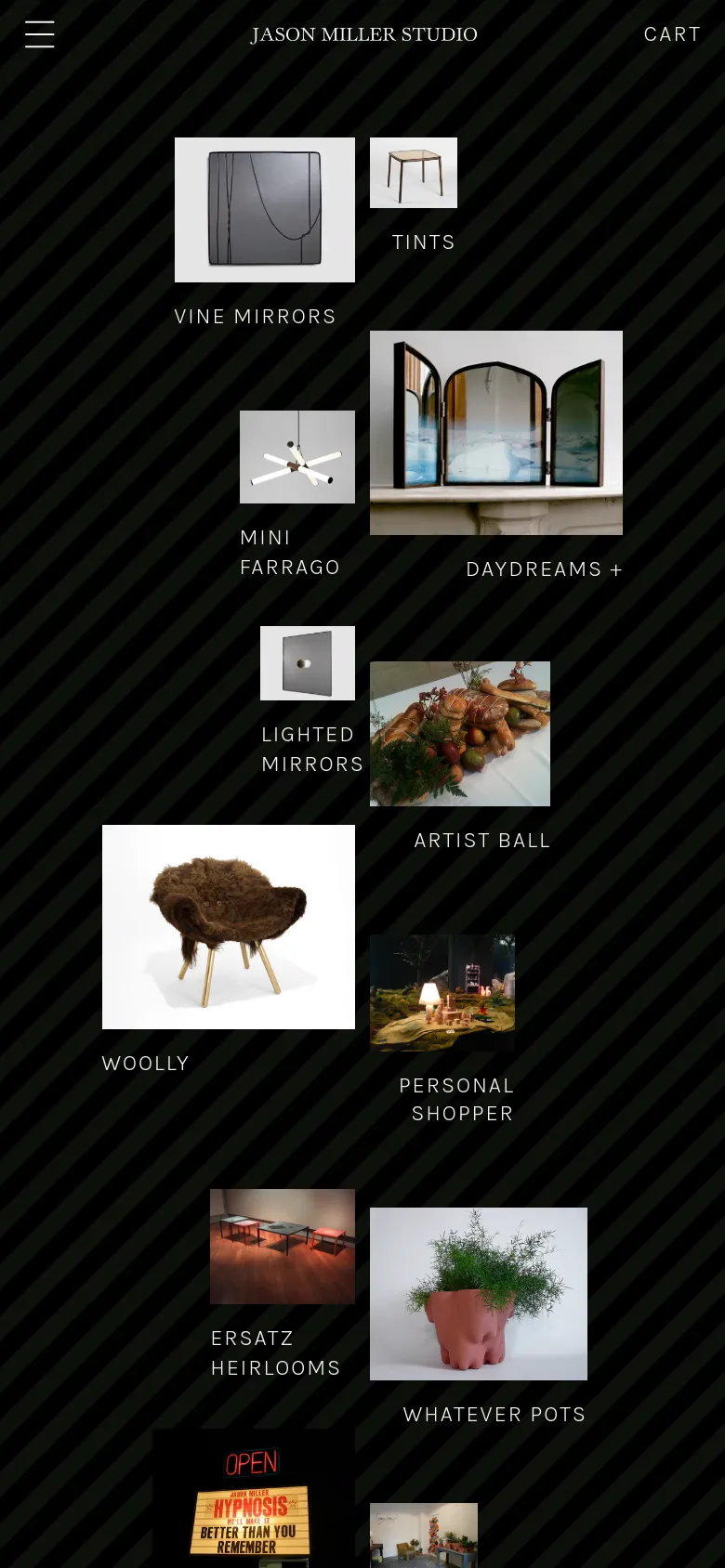The mobile version displays the archive projects in a single-column vertical scroll, maintaining the dark striped background. The layout is simplified with a hamburger menu on the left and a 'Cart' link on the right, while the project images and titles are stacked vertically for easier scrolling.