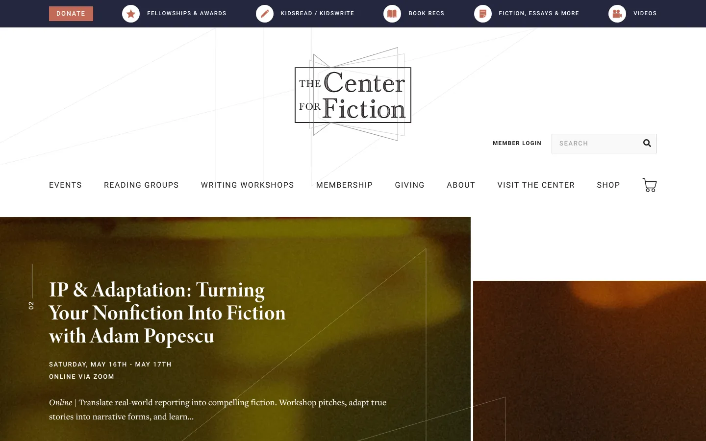 The homepage for The Center for Fiction features a clean white header with a navigation menu including Events, Membership, and Shop, alongside a prominent hero slider. The current slide displays a large background image with text overlaying a workshop titled 'In Short: Celeste Mohammed's "The Dragon's Mouth (Bocas del Dragón)"' and a terracotta-colored 'Read More' button. The design uses a sophisticated palette of white, black, and earthy tones with thin geometric line accents.
