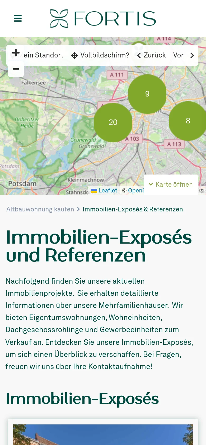 The mobile version presents a condensed view with a hamburger menu and a smaller logo in the header. The interactive map is scaled down to fit the screen width, and the property listings transition from a multi-column grid to a single-column vertical stack for easier scrolling.