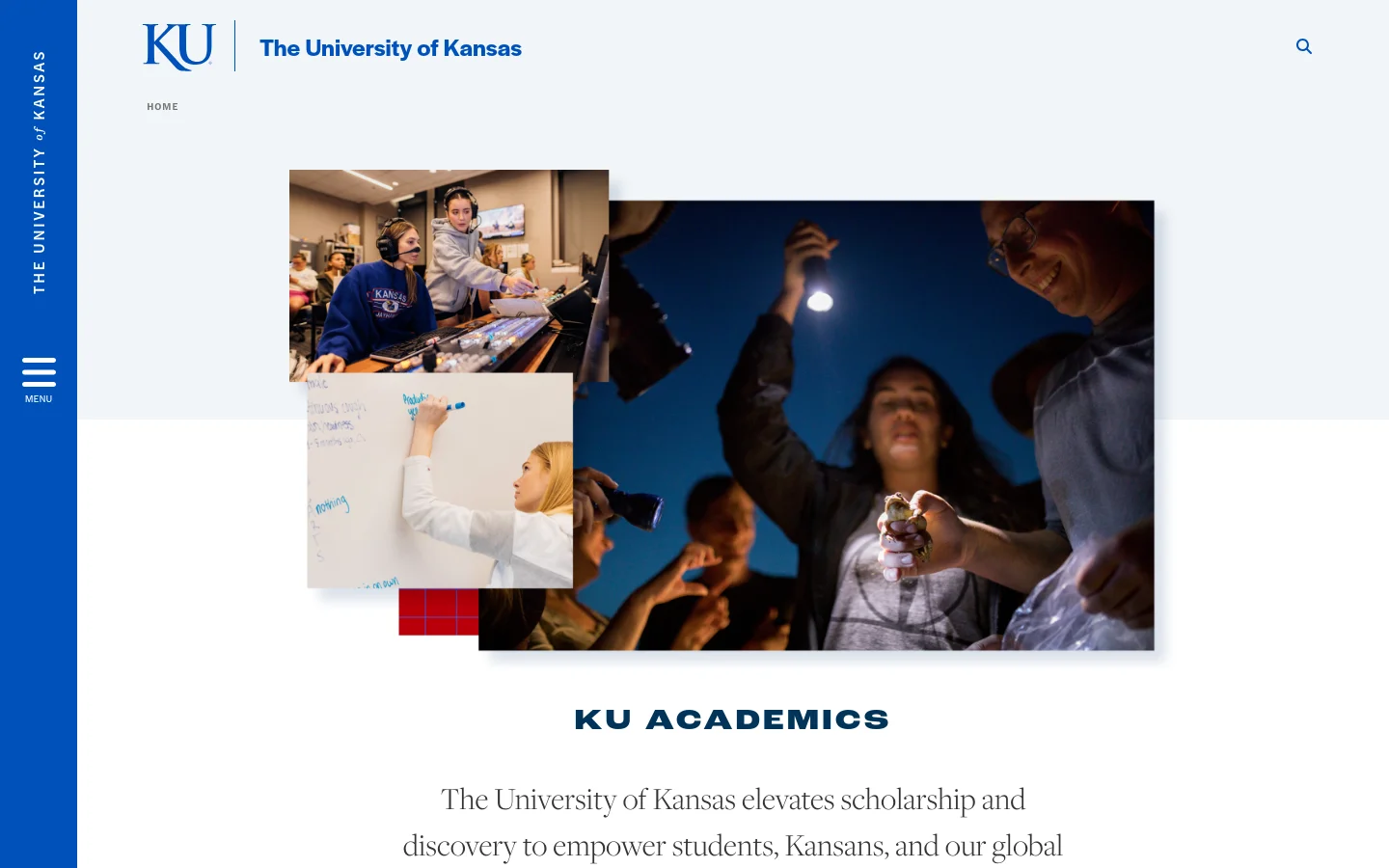 The KU Academics desktop page features a large hero collage of students engaged in diverse activities like research and studying, set against a light blue background. Below the hero image, the headline 'KU ACADEMICS' is followed by introductory text and several sections displaying university statistics and links to academic resources. The layout is spacious with a prominent blue sidebar on the left containing the university logo and menu.