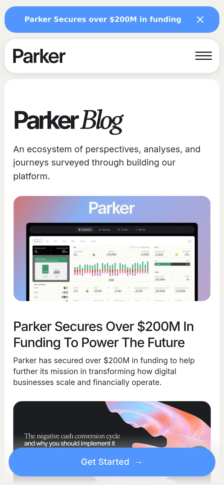 The mobile version presents a simplified vertical layout with a hamburger menu icon in the header and a prominent blue 'Get Started' call-to-action button anchored at the bottom. The blog content is stacked vertically, showing one large featured article card at a time with its image, headline, and description, maintaining the same clean aesthetic and blue announcement banner.