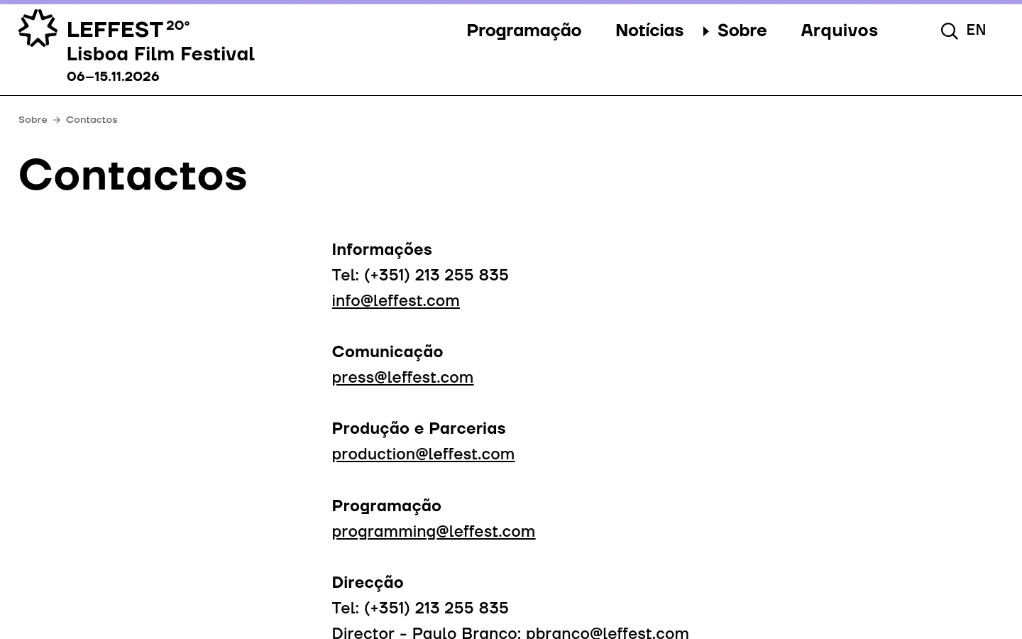 The desktop contact page for LEFFEST features a minimalist white background with black text and a clean navigation bar at the top. The page displays a large 'Contactos' headline followed by categorized contact information including phone numbers and email addresses for Information, Communication, Production, Programming, and Direction. The layout uses ample whitespace with a left-aligned text structure.