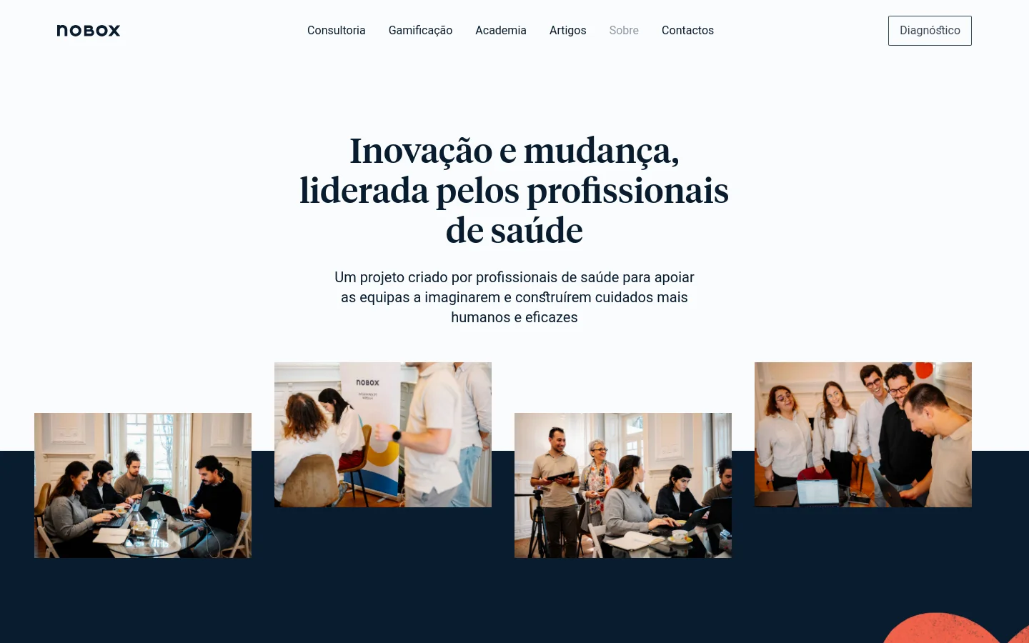The desktop page features a clean white header with the nobox logo and navigation links, including a 'Diagnóstico' button. The hero section displays a large serif headline about innovation led by health professionals, followed by a subheadline and a grid of four lifestyle photographs showing diverse teams collaborating in bright, modern workspaces. The color palette is primarily white, dark navy, and natural tones from the photography.