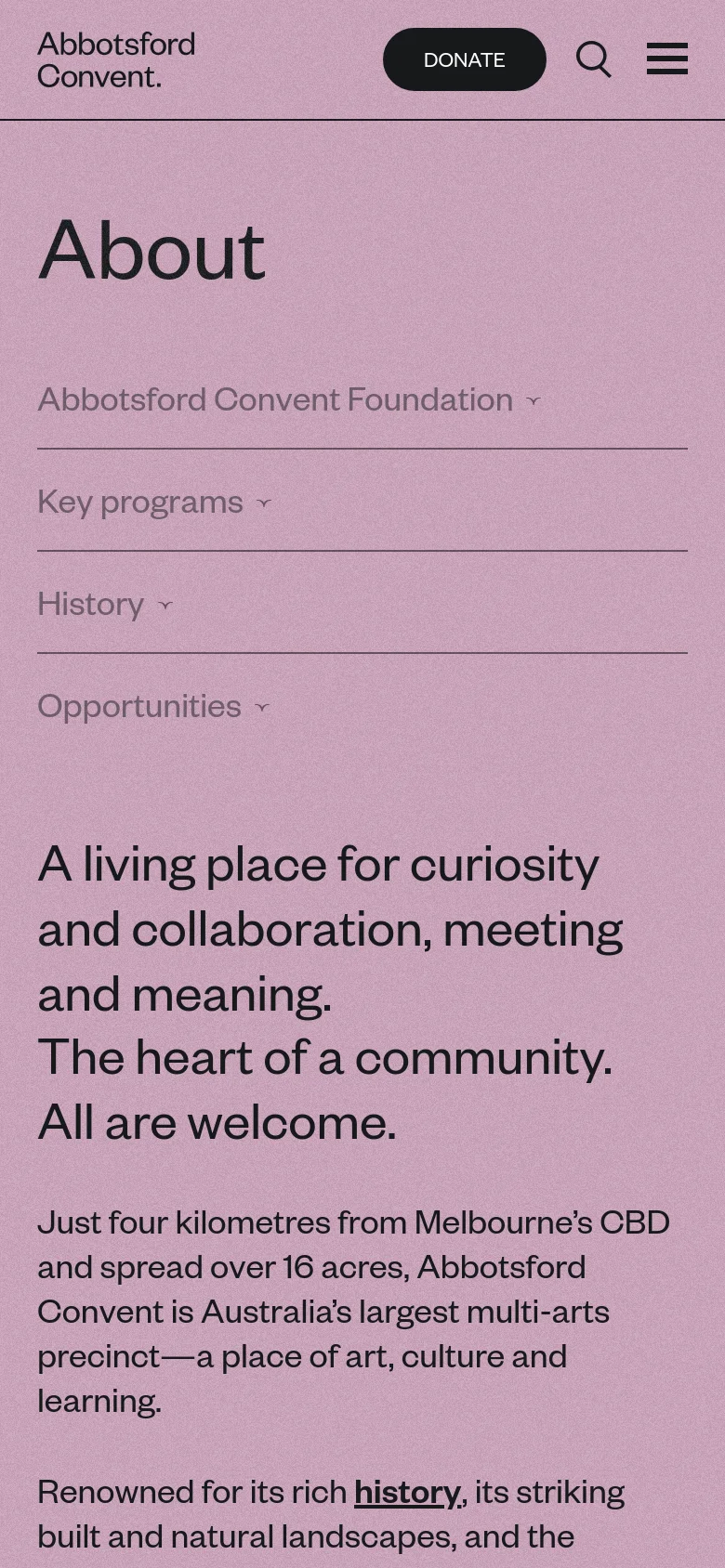 The mobile version maintains the pink textured background but utilizes a simplified layout. The top navigation is replaced by a hamburger menu icon, a search icon, and a prominent 'DONATE' button. The content is stacked vertically, starting with the 'About' heading and the navigation links, followed by the large headline and body text.